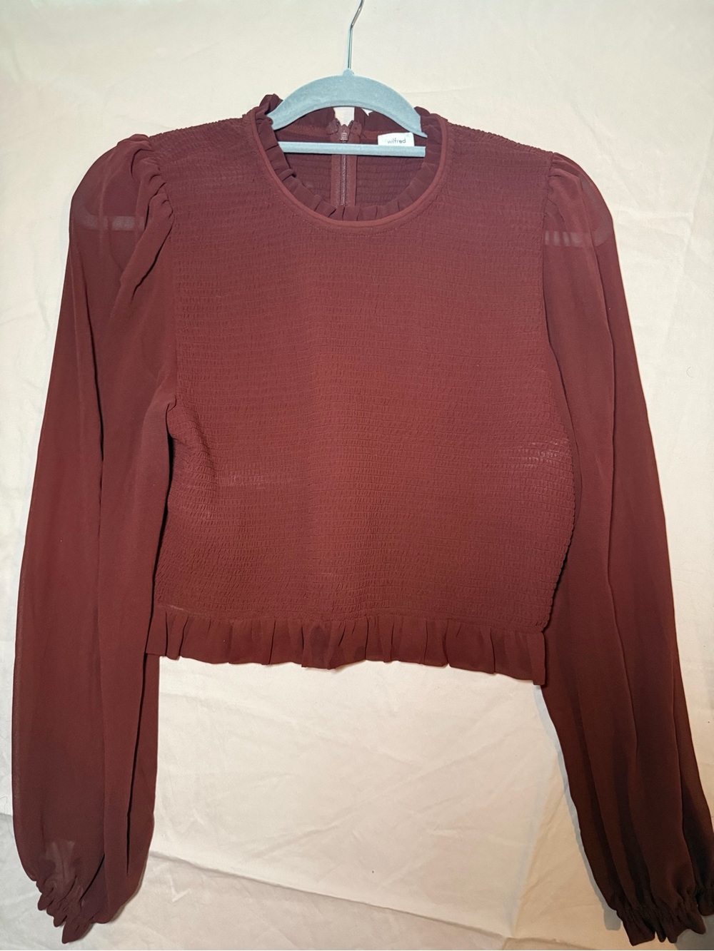 Aritzia Rust Brown Smocked Long Sleeve Ruffle Crop Top